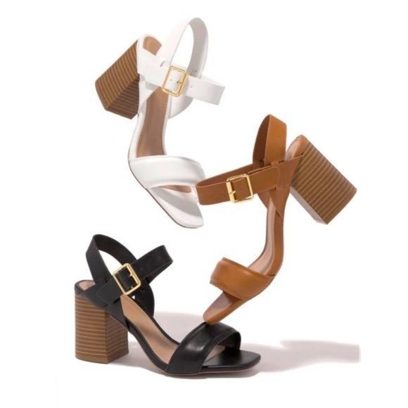 !! NEW !! Vegan Leather Ankle Strap Block Heels in Tan - Picture 8 of 8
